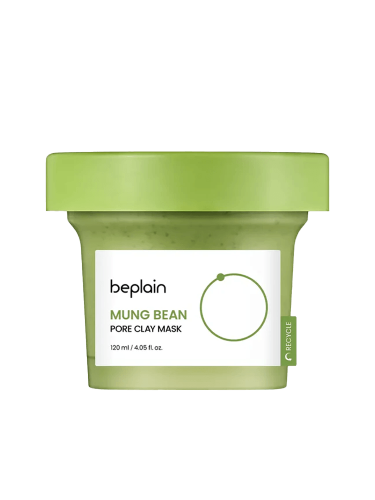 BEPLAIN Mung Bean Pore Clay Mask 120ml jar with green lid and natural clay texture.