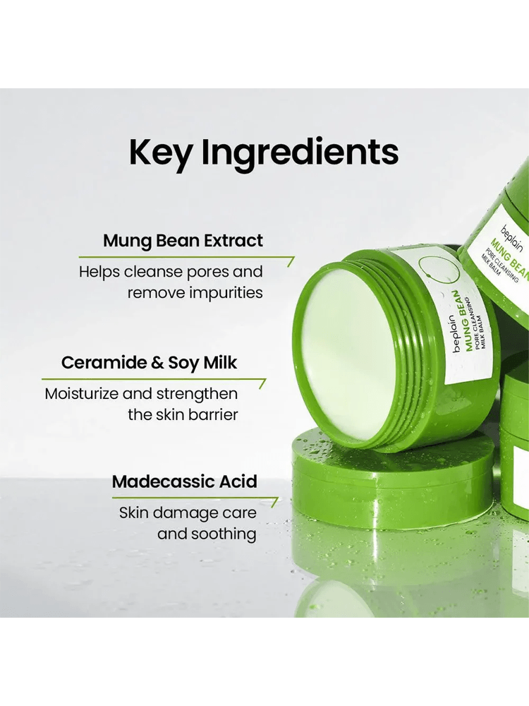 Key ingredients of BEPLAIN Mung Bean Pore Cleansing Milk Balm including Mung Bean Extract, Ceramide, Soy Milk, and Madecassic Acid.