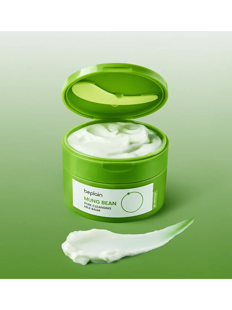 BEPLAIN Mung Bean Pore Cleansing Milk Balm 100ml in green container with creamy texture