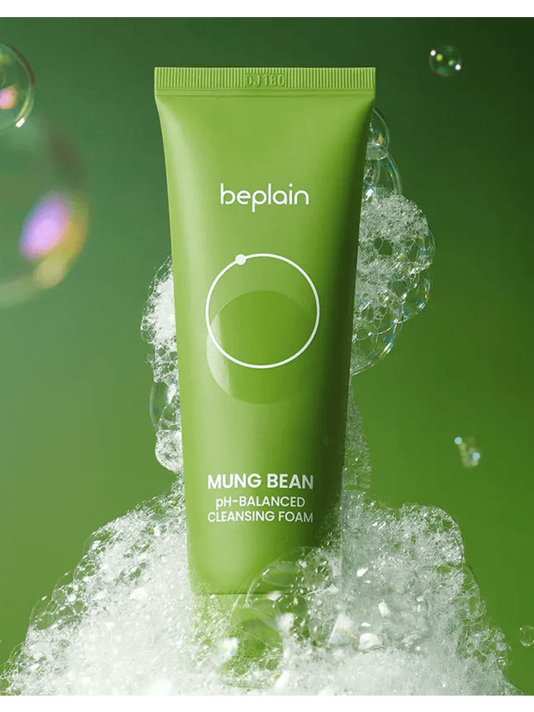 BEPLAIN Mung Bean Ph-Balanced Cleansing Foam 80ml with bubbles and green background