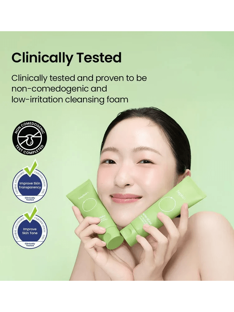 BEPLAIN Mung Bean Ph-Balanced Cleansing Foam displayed with clinical testing certification and non-irritating benefits.
