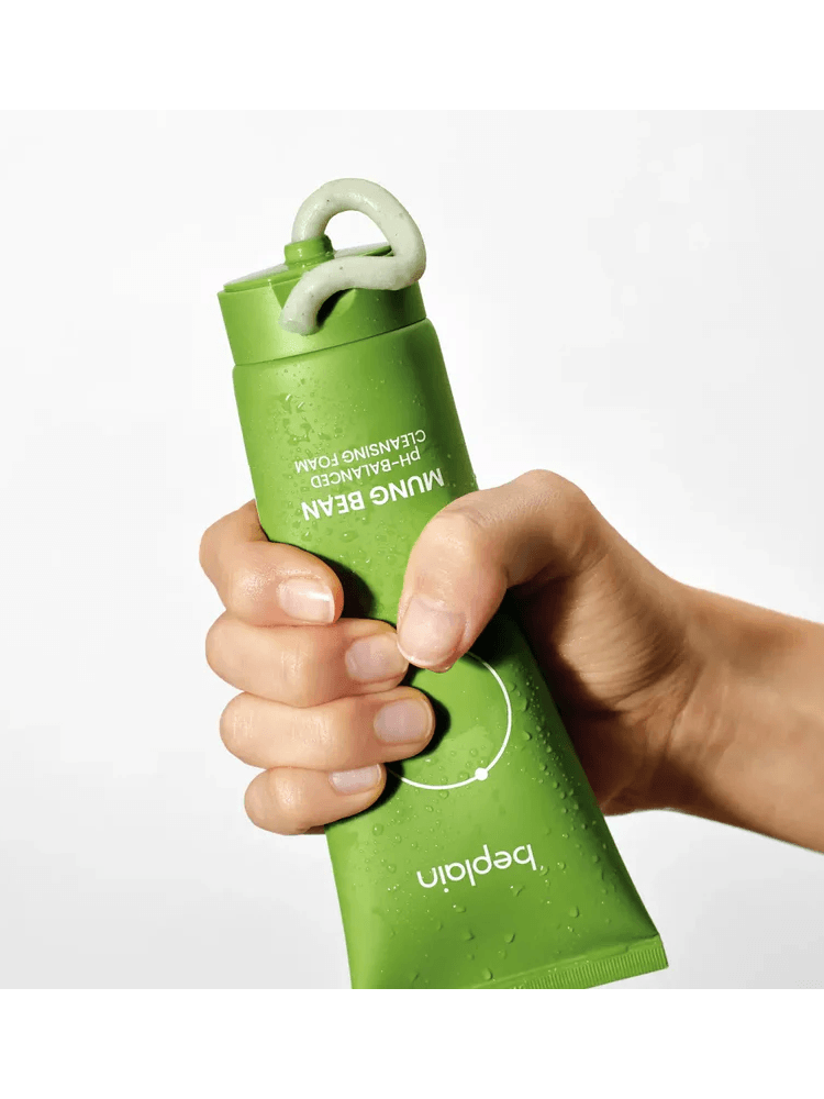 BEPLAIN Mung Bean Ph-Balanced Cleansing Foam held in hand against a light background.