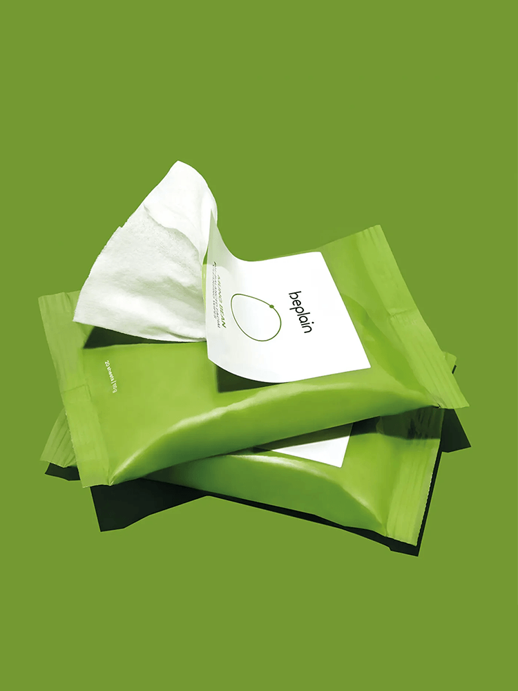 BEPLAIN Mung Bean pH-Balanced Facial Cleansing Wipes in green packaging, showcasing the product design and wipes.