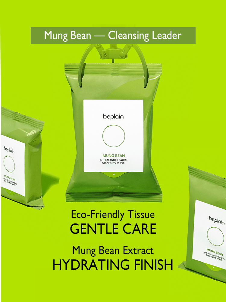 BEPLAIN Mung Bean pH-Balanced Facial Cleansing Wipes package showcasing eco-friendly features and hydrating benefits.