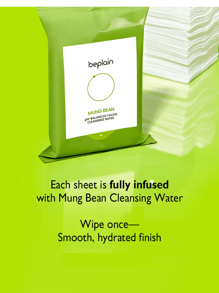 BEPLAIN Mung Bean pH-Balanced Facial Cleansing Wipes pack with infused cleansing water for smooth hydration.