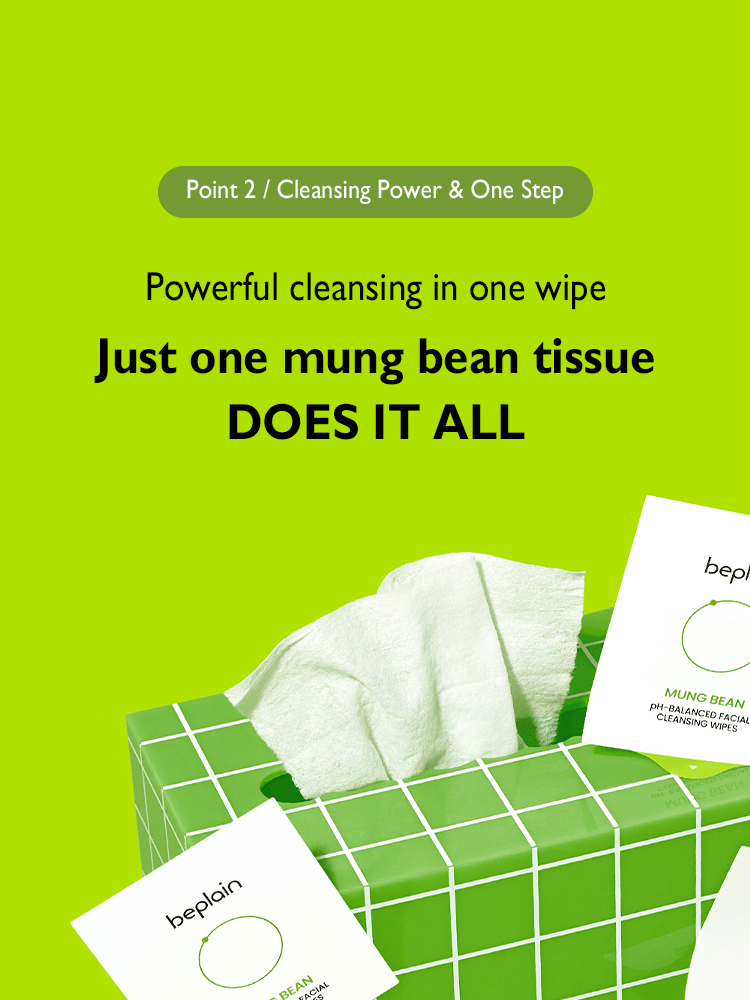 BEPLAIN Mung Bean pH-Balanced Facial Cleansing Wipes demonstrating powerful cleansing in one wipe.