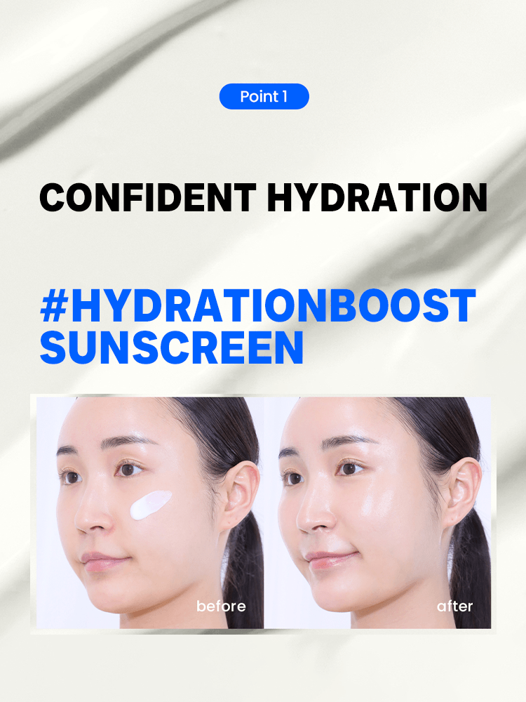 Image showing before and after results of BEPLAIN Sunmuse Moisture Sunscreen, emphasizing confident hydration.