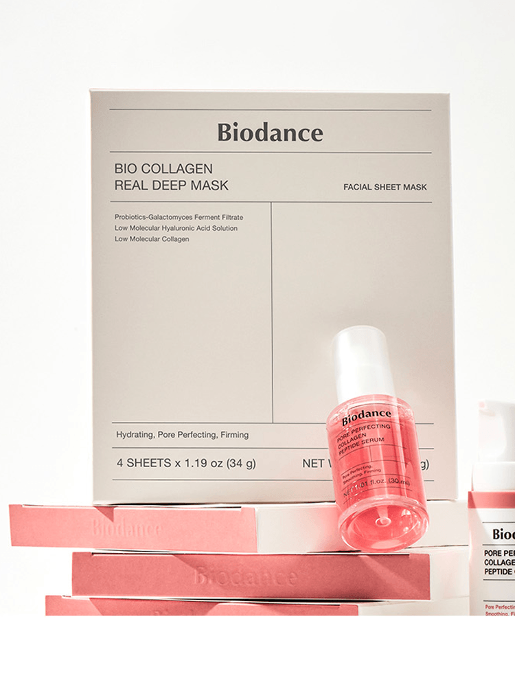 BIODANCE Bio Collagen Real Deep Mask 34g packaging with facial sheet mask and skin care products.