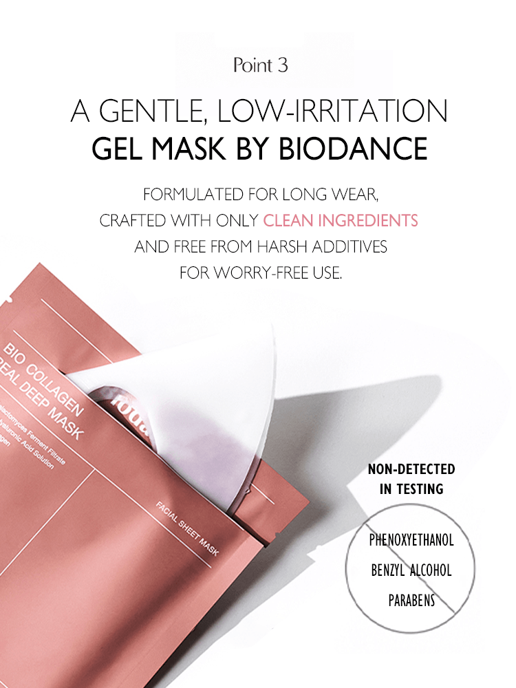 BIODANCE Bio Collagen Real Deep Mask packaging showcasing gentle, low-irritation gel mask with clean ingredients.