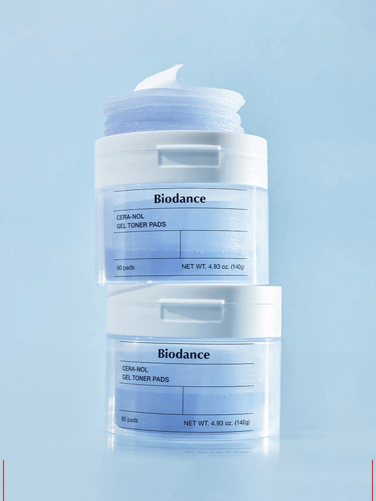 BIODANCE Cera-nol Gel Toner Pads product image showcasing two jars with pads on a light blue background.