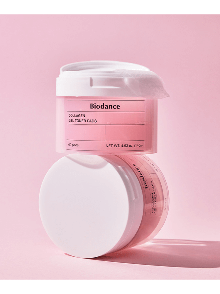 BIODANCE Collagen Gel Toner Pads packaging displayed on pink background, showcasing 60 toner pads.