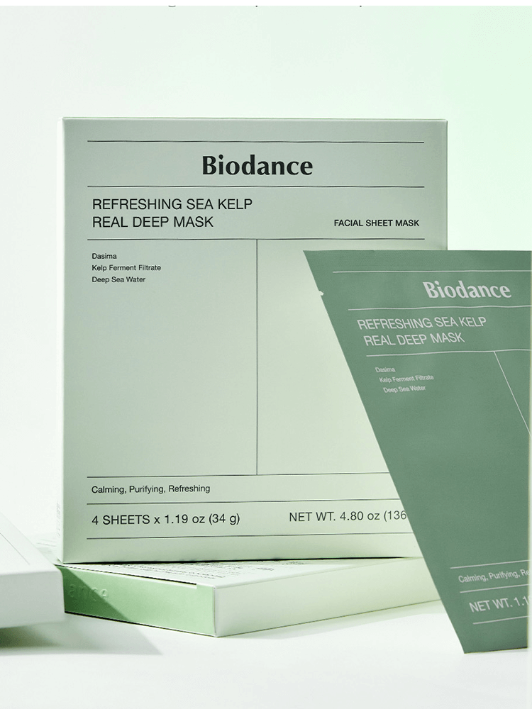 BIODANCE Refreshing Sea Kelp Real Deep Mask packaging and facial sheet mask displayed in a clean setting.