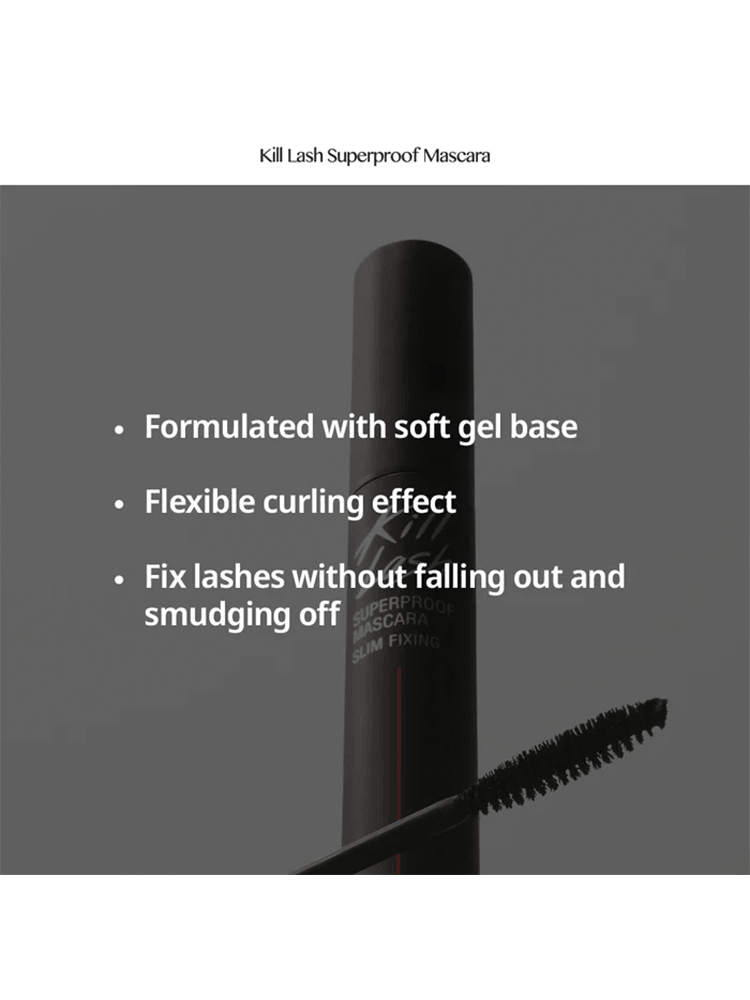 CLIO Kill Lash Superproof Mascara with flexible curling effect and smudge-proof formula, ideal for lasting lash volume.