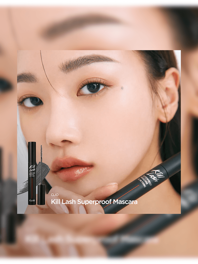 CLIO Kill Lash Superproof Mascara showcased with model demonstrating volume and curl effect.
