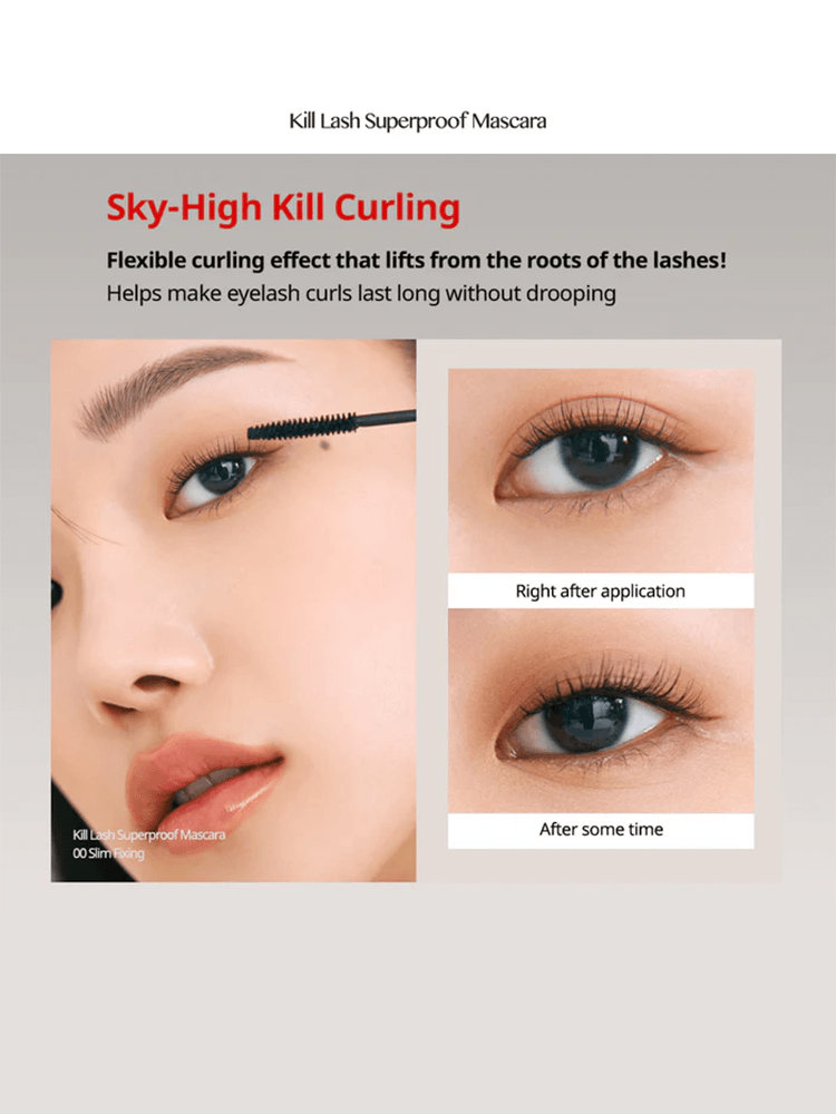 Image showcasing CLIO Kill Lash Superproof Mascara with flexible curling effect, before and after application.