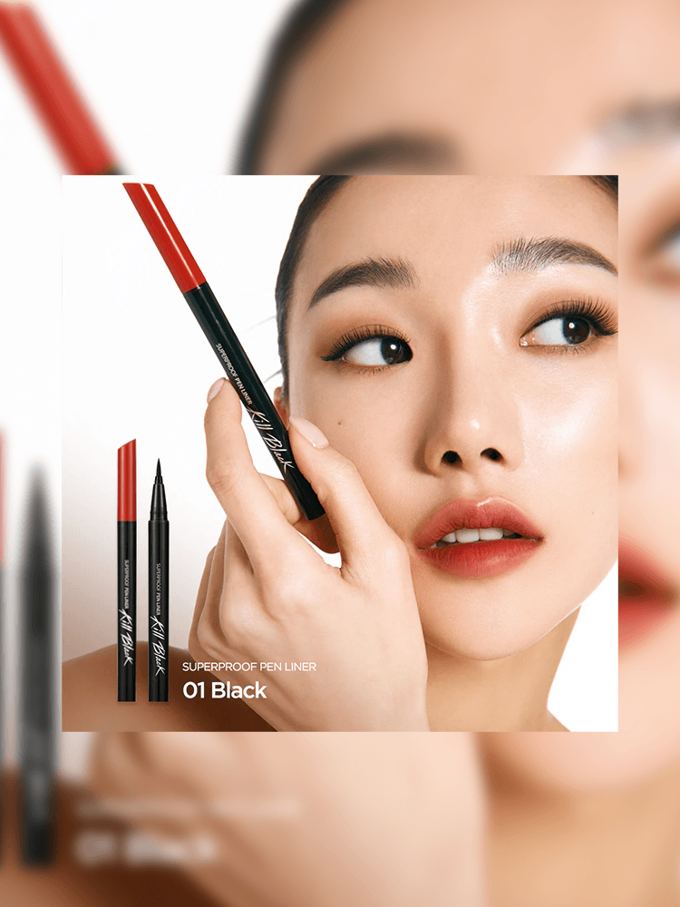 A woman showcasing CLIO Superproof Pen Liner in 01 Black with red and black eyeliner pens.