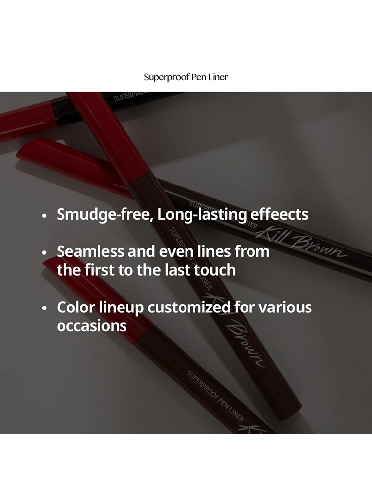 CLIO Superproof Pen Liner showcasing features like smudge-free effects and customizable color lineup
