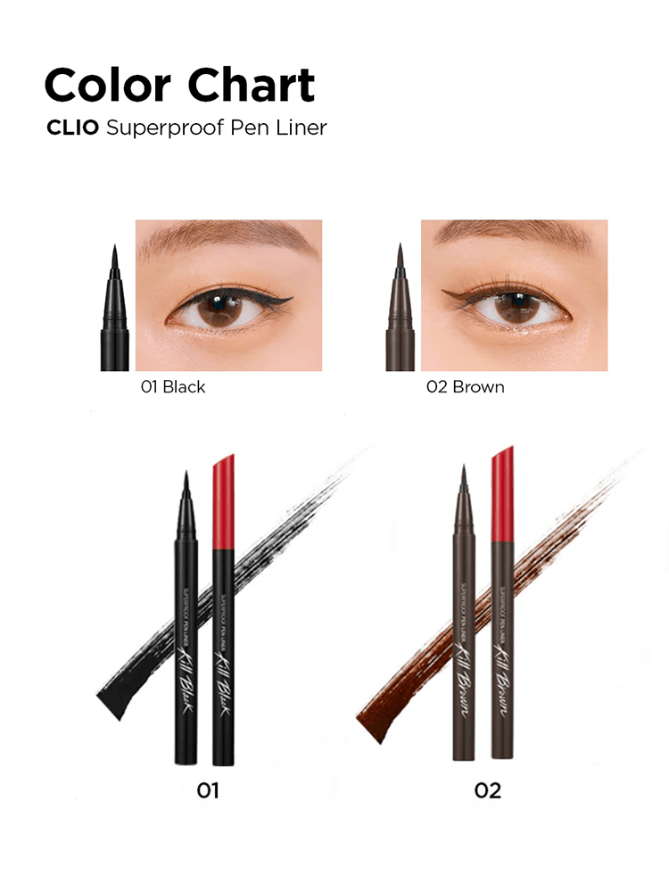 Color chart showing CLIO Superproof Pen Liner in O1 Black and O2 Brown with swatches and model application.