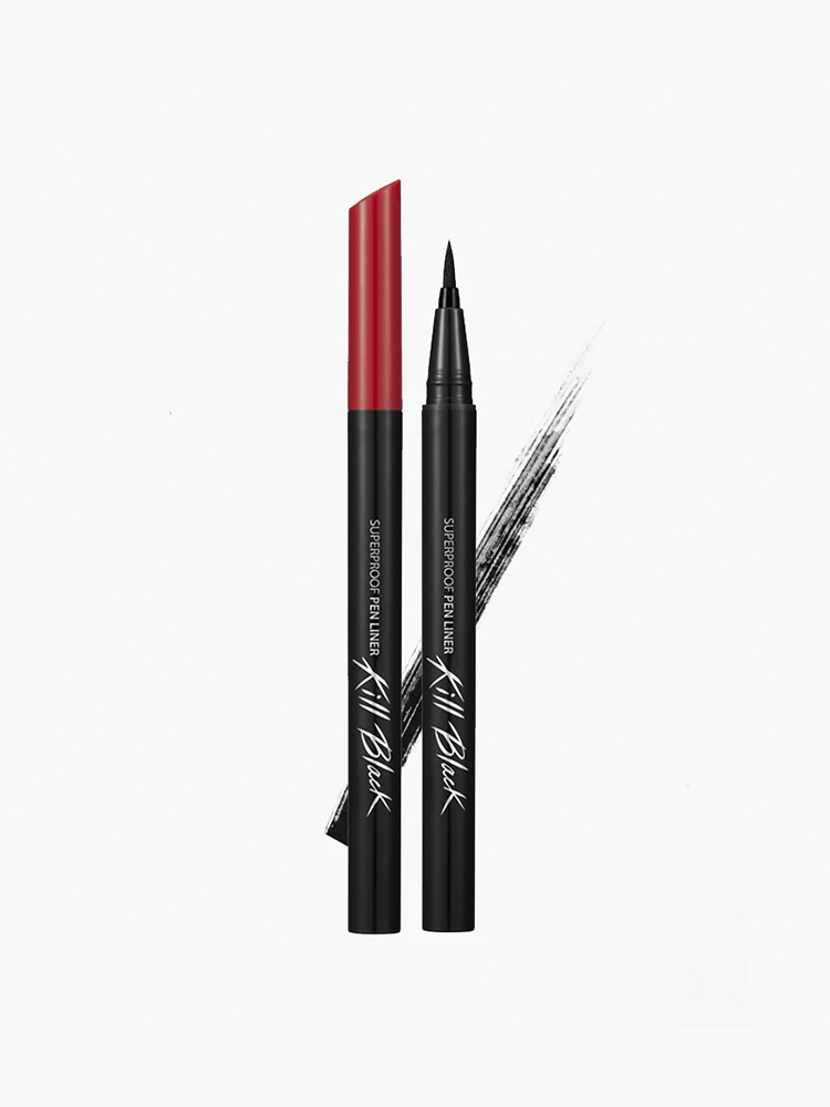 Image of CLIO Superproof Pen Liner with a red lip product and black eyeliner pen.