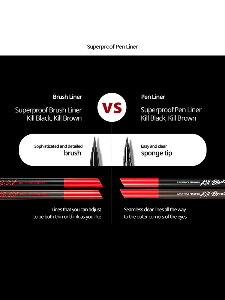 Comparison of CLIO Superproof Pen Liner and Brush Liner for detailed and easy application in eye makeup.