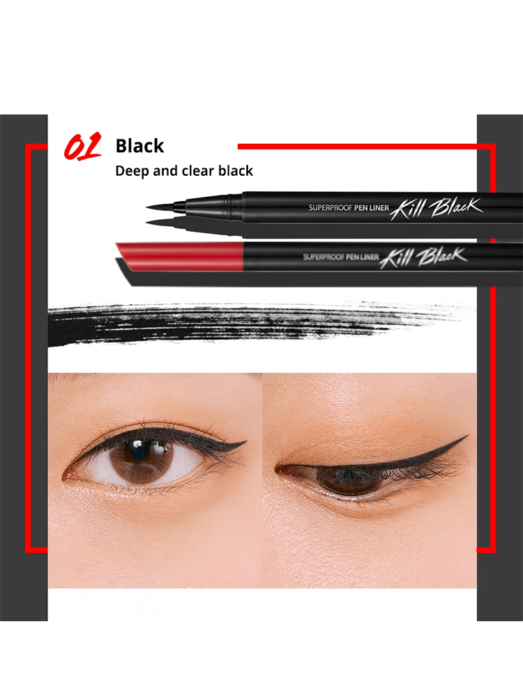 CLIO Superproof Pen Liner in black showcasing deep and clear black color with precise application on eye.