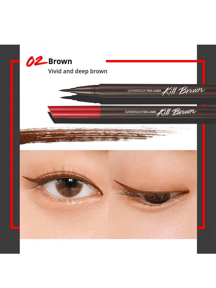 CLIO Superproof Pen Liner in Brown shade demonstrating vivid and deep brown eyeliner application on eyes.