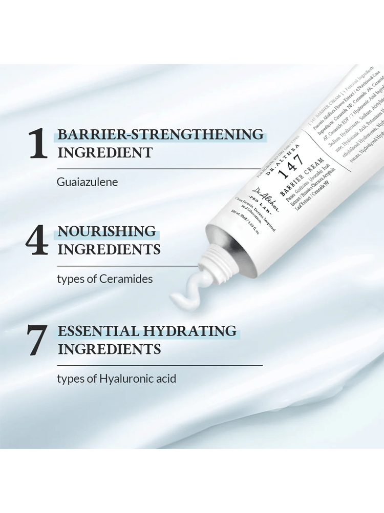 Dr.Althea 147 Barrier Cream showcasing barrier-strengthening and nourishing ingredients on a smooth cream background.