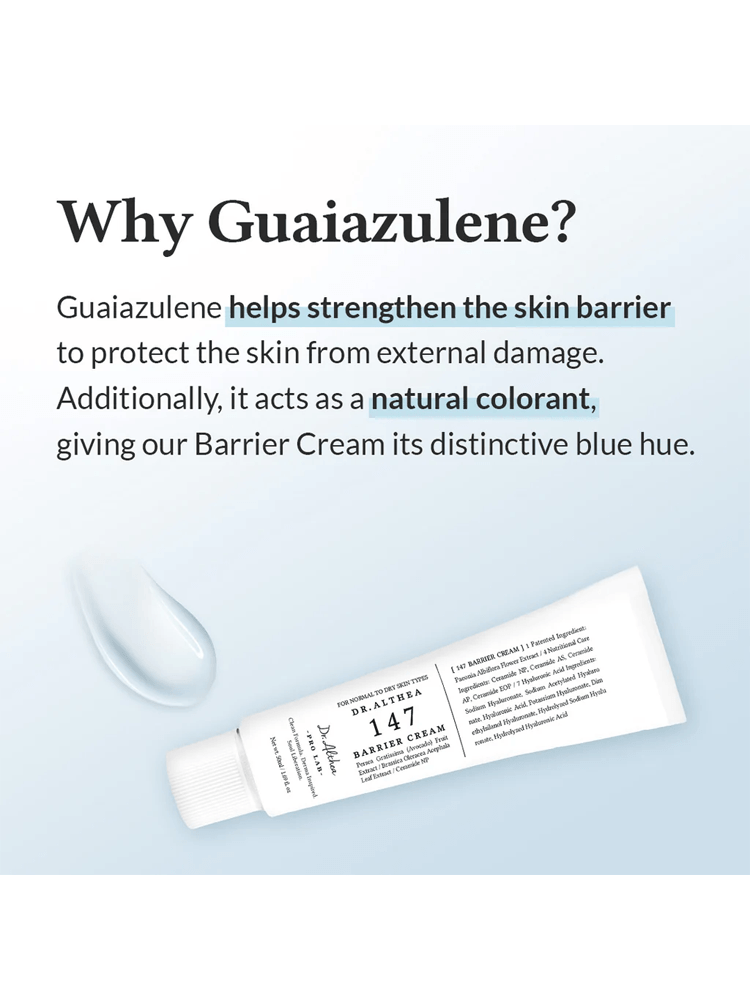 Dr.Althea 147 Barrier Cream showing guaiazulene benefits for strengthening skin barrier and its blue hue.