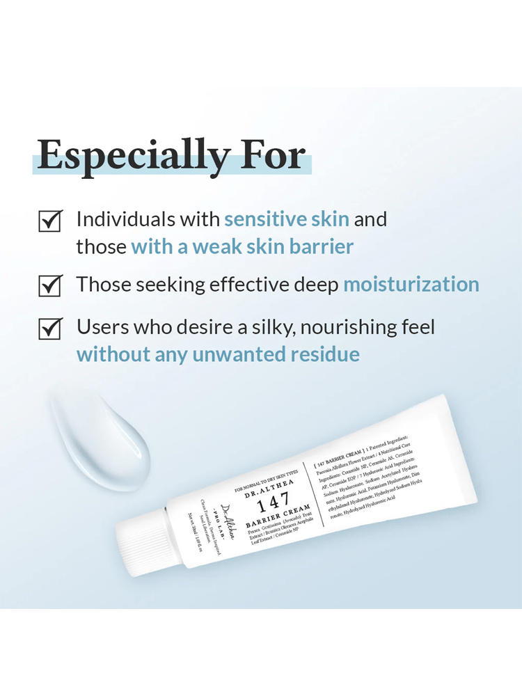 Dr.Althea 147 Barrier Cream suitable for sensitive skin, providing deep moisturization without residue.