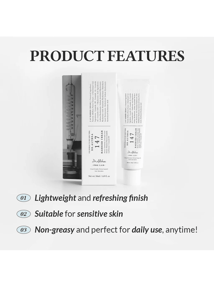 Dr.Althea 147 Barrier Cream product features including lightweight, suitable for sensitive skin, and non-greasy.