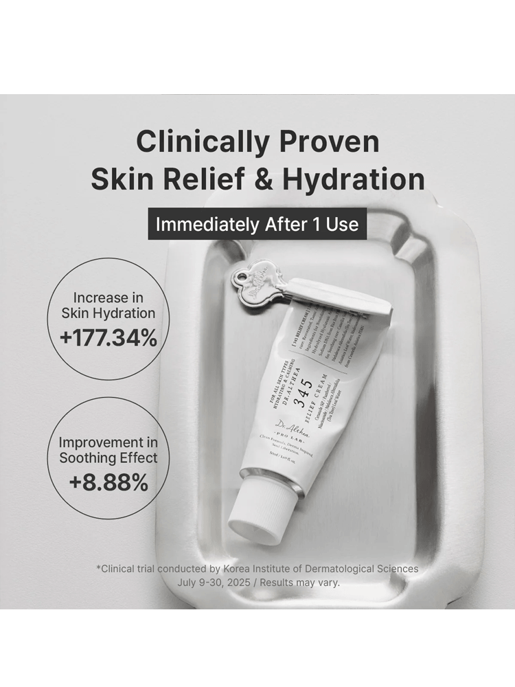 Dr.Althea 345 Relief Cream in a sleek tube on a silver tray, highlighting skin relief and hydration benefits.