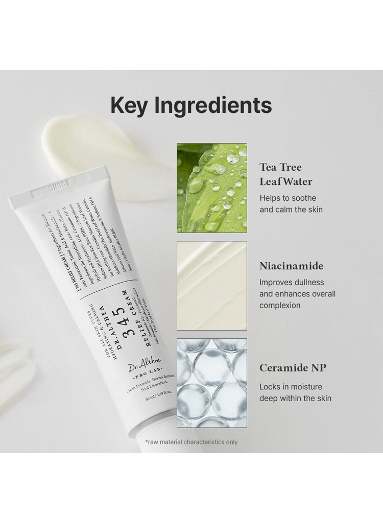 Dr.Althea 345 Relief Cream 50ml with key ingredients: Tea Tree Leaf Water, Niacinamide, and Ceramide NP.