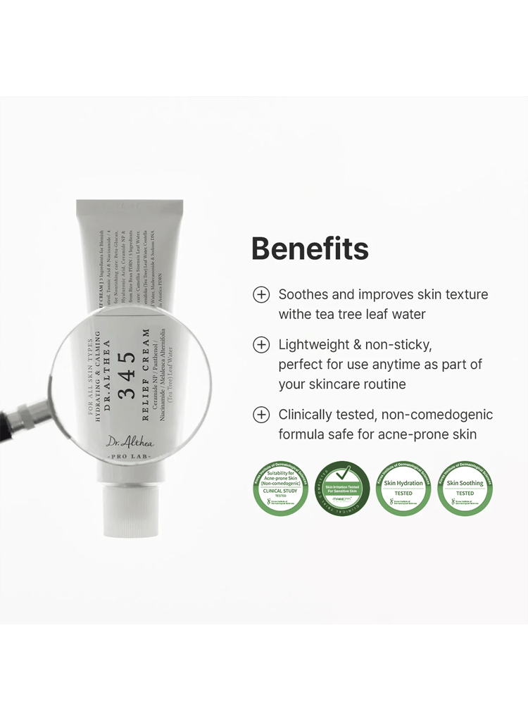 Dr.Althea 345 Relief Cream 50ml benefits highlighting its soothing and light texture.
