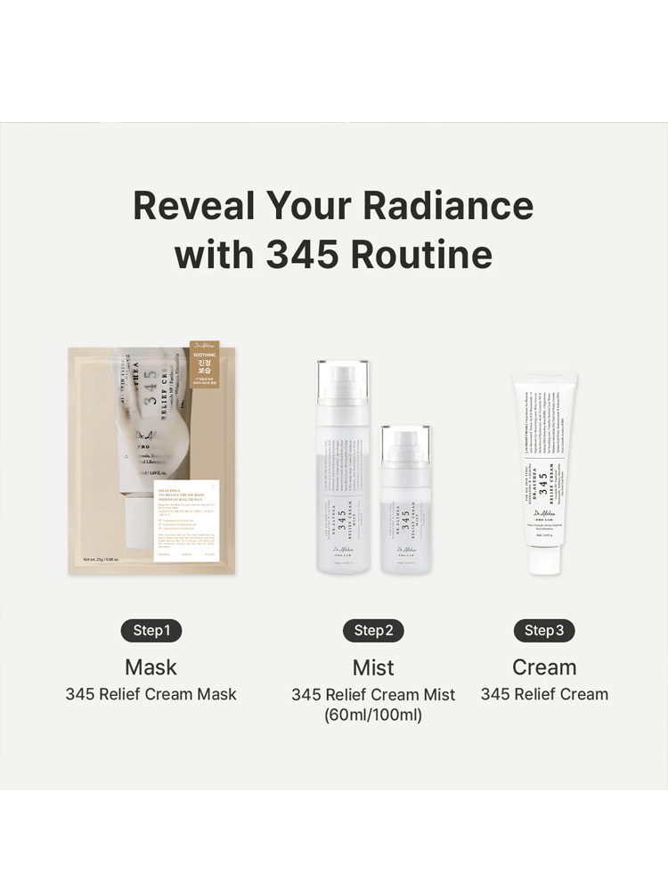 Dr.Althea 345 Relief Cream, 345 Relief Cream Mask and 345 Relief Cream Mist in a skincare routine.