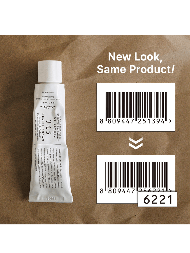 Dr.Althea 345 Relief Cream 50ml tube packaging with barcode and 'New Look, Same Product!' text.