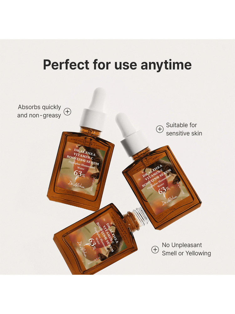 Dr.Althea Vitamin C Boosting Serum in three bottles with labels highlighting benefits and suitability for sensitive skin.