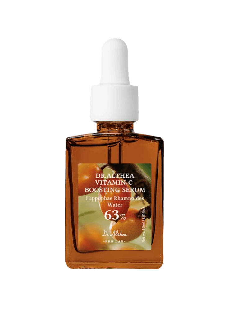 Dr.Althea Vitamin C Boosting Serum 30ml bottle with dropper, featuring Hippophae Rhamnoides Water.