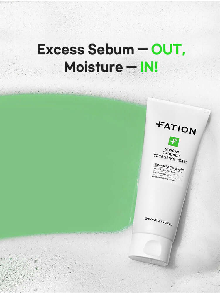 FATION Nosca9 Trouble Cleansing Foam 150ml packaging with text about sebum and moisture benefits.