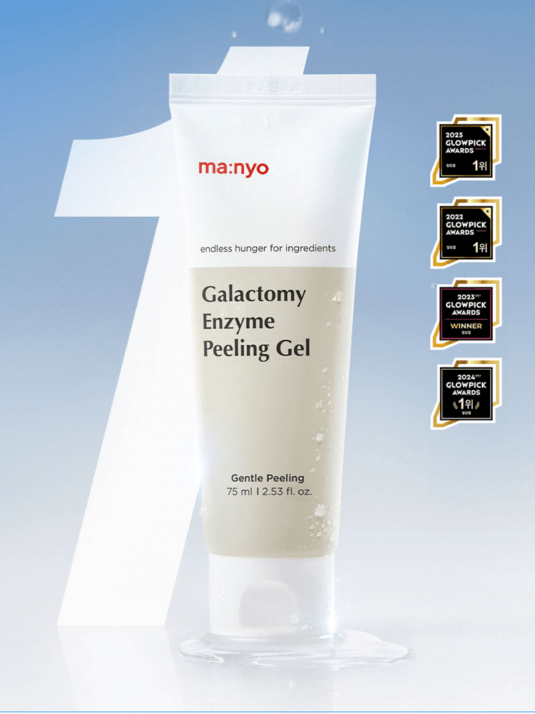 manyo Galactomy Enzyme Peeling Gel tube featuring gentle peeling formula and award badges.