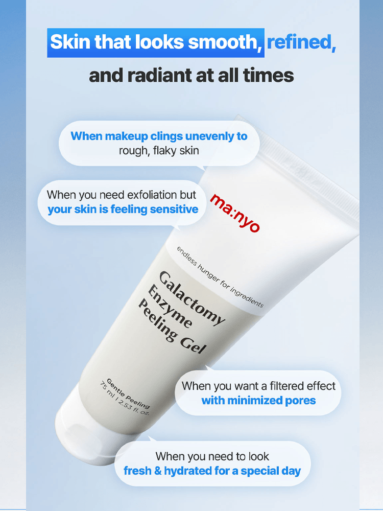 manyo Galactomy Enzyme Peeling Gel tube with claims for smooth, refined, and radiant skin.