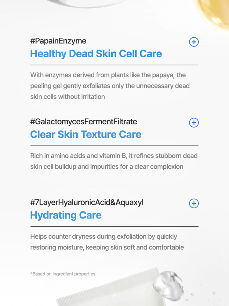 manyo Galactomy Enzyme Peeling Gel highlights benefits of papain enzymes, clear skin texture, and hydrating care.