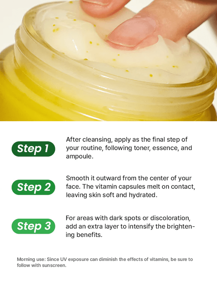Application steps for GOODAL Green Tangerine Vita C Dark Spot Care Cream Alpha and usage instructions.