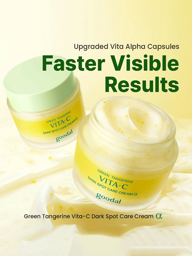 GOODAL Green Tangerine Vita C Dark Spot Care Cream Alpha with upgraded Vita Alpha Capsules for faster visible results.