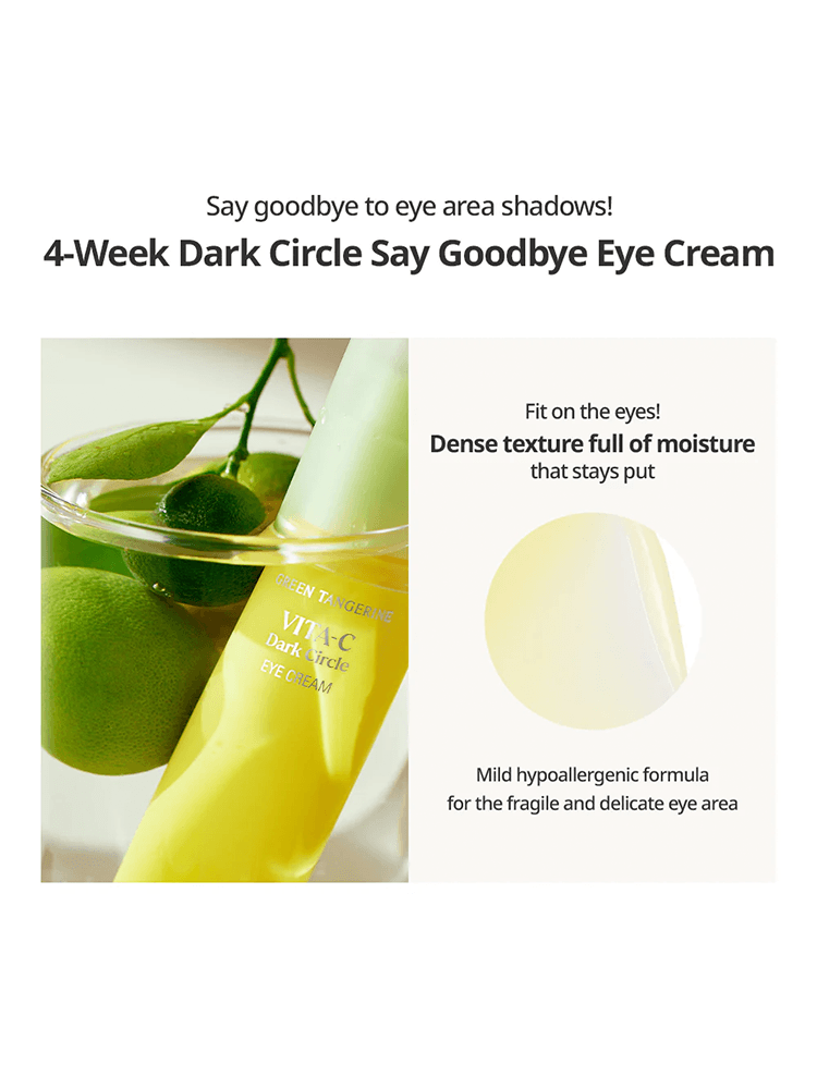 GOODAL Green Tangerine Vita C Dark Spot Care Eye Cream in a jar with green tangerines, promoting dark circle reduction.