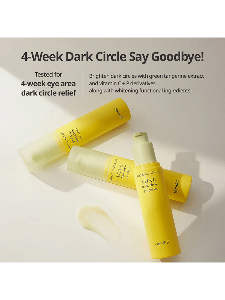 GOODAL Green Tangerine Vita C Dark Spot Care Eye Cream bottles on a light background promoting dark circle relief.