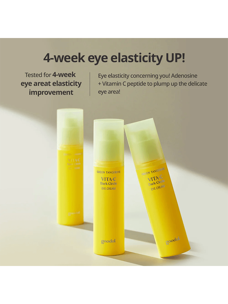 GOODAL Green Tangerine Vita C Dark Spot Care Eye Cream bottles displayed with text highlighting eye elasticity improvement.
