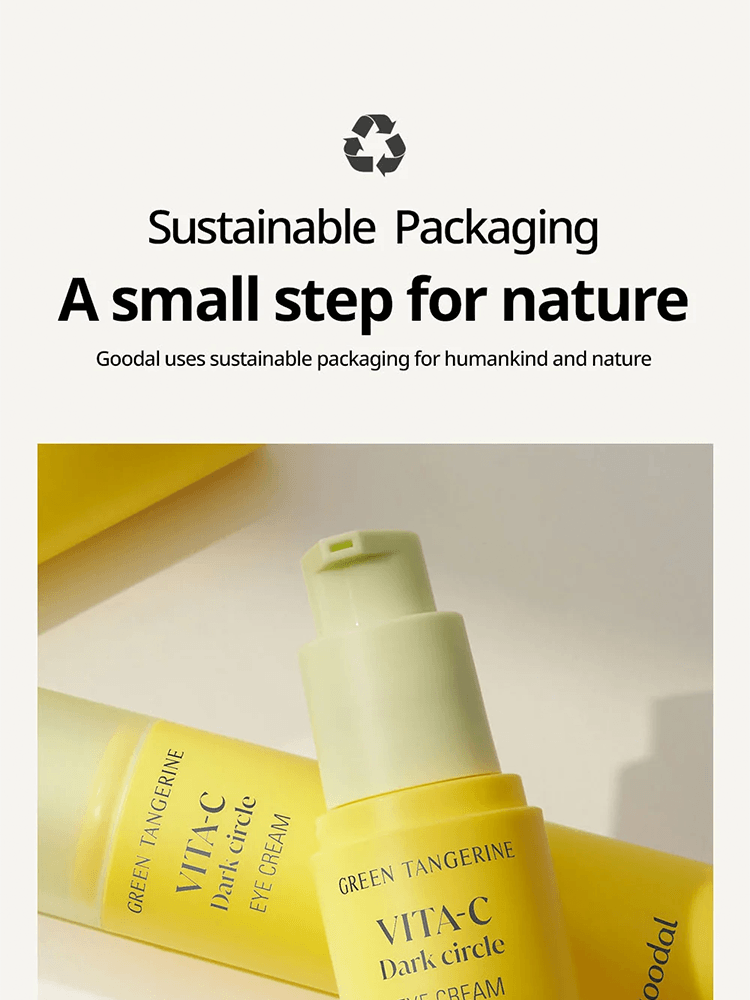GOODAL Green Tangerine Vita C Dark Spot Care Eye Cream Sustainable Packaging message for eco-friendly beauty.