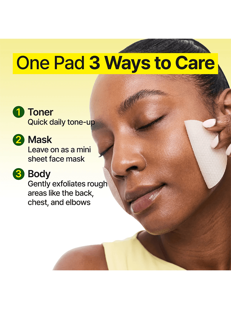 GOODAL Green Tangerine Vita C Dark Spot Care Pad application showing toner, mask, and body care uses.