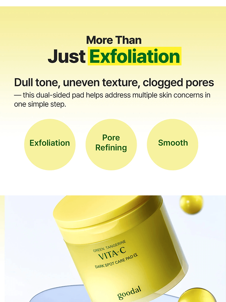 GOODAL Green Tangerine Vita C Dark Spot Care Pad with exfoliation and pore refining benefits for smooth skin.