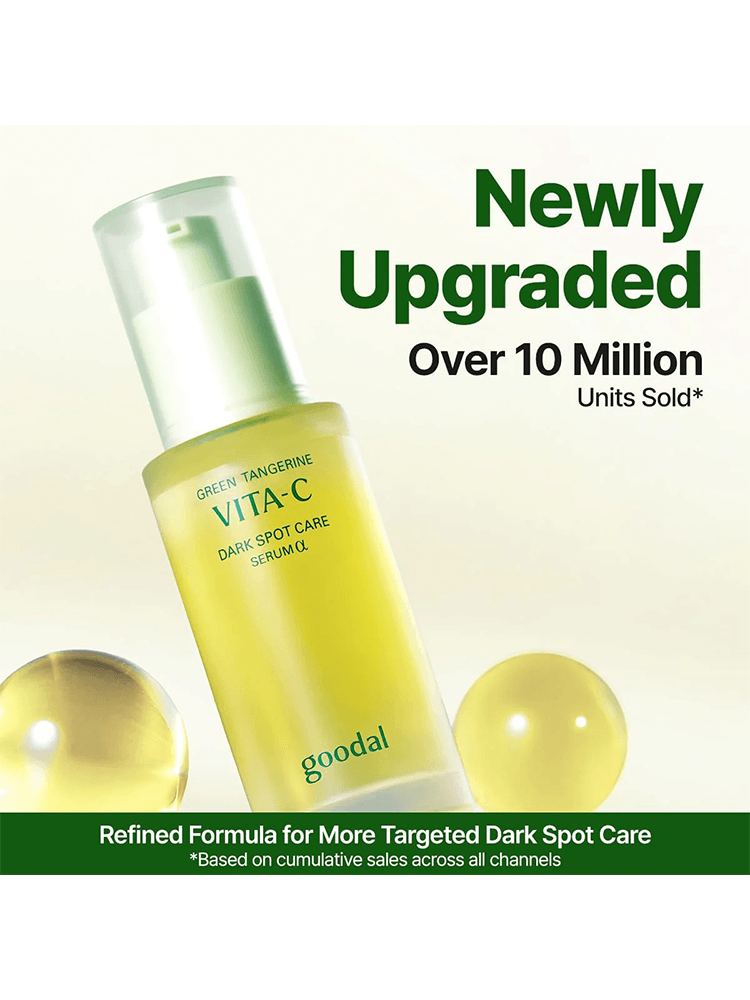 GOODAL Green Tangerine Vita C Dark Spot Care Serum Alpha with text about upgrades and units sold.
